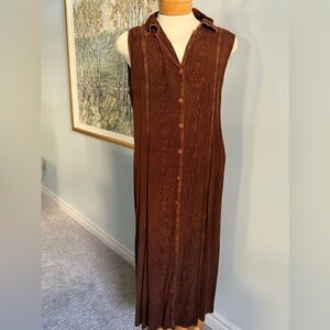 Vintage Brown Embroidered Button-Front Maxi Dress | Boho Tie Back